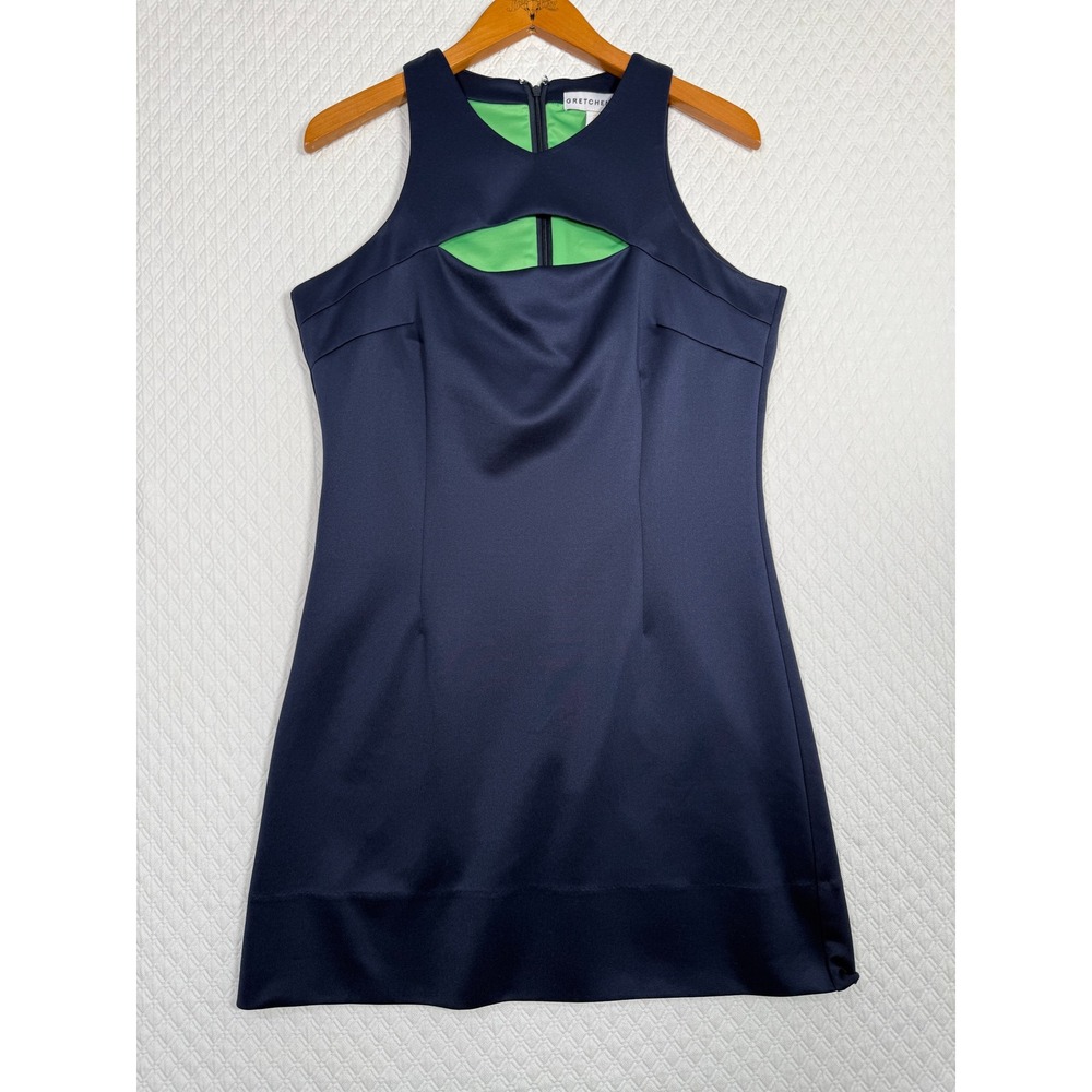 Gretchen Scott Navy Blue Lime Green Cutout Sleeveless Shift Mini Dress Womens M